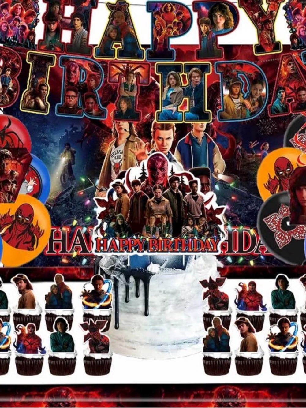 Stranger Things Red & Black Birthday Party supplies Kit & Cake cupcakes toppers